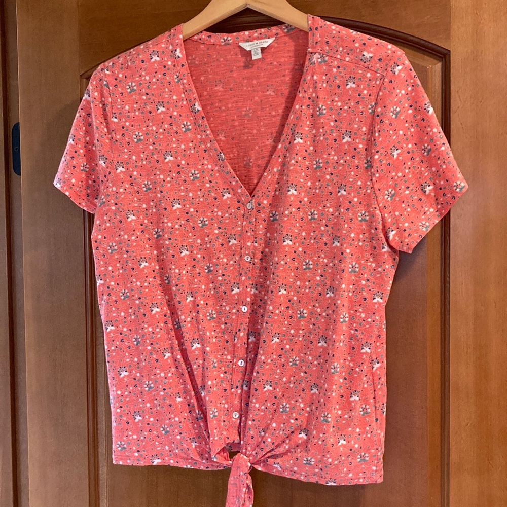 Lucky Brand Coral Floral Tie Front Top